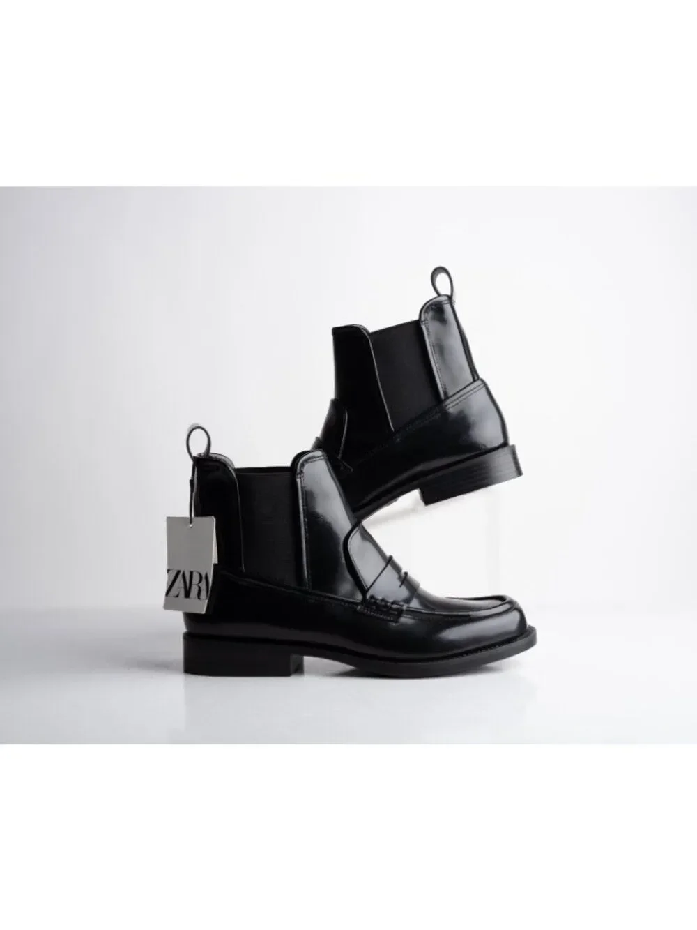 Zara Womens Leather Ankle Loafer Boots Black Glossy US 7.5 EU 38 NWT 1117/110